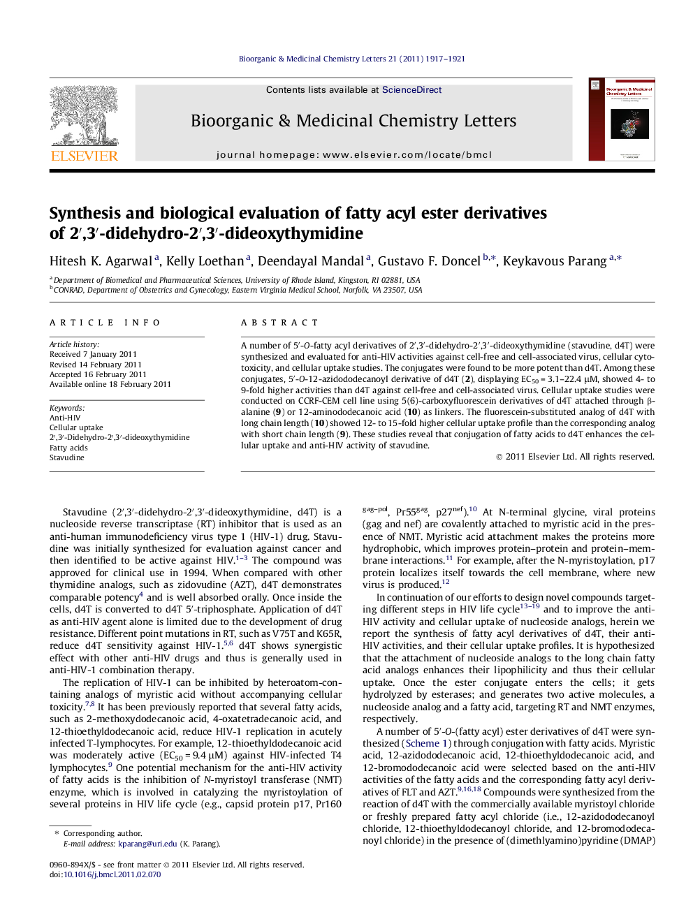 Synthesis and biological evaluation of fatty acyl ester derivatives of 2′,3′-didehydro-2′,3′-dideoxythymidine