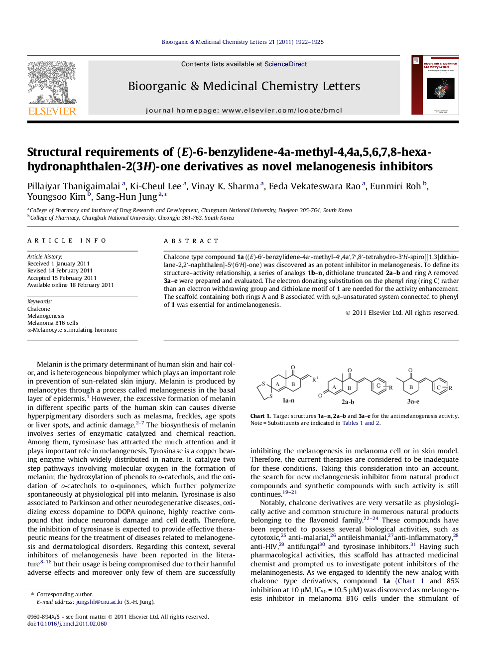 Structural requirements of (E)-6-benzylidene-4a-methyl-4,4a,5,6,7,8-hexahydronaphthalen-2(3H)-one derivatives as novel melanogenesis inhibitors