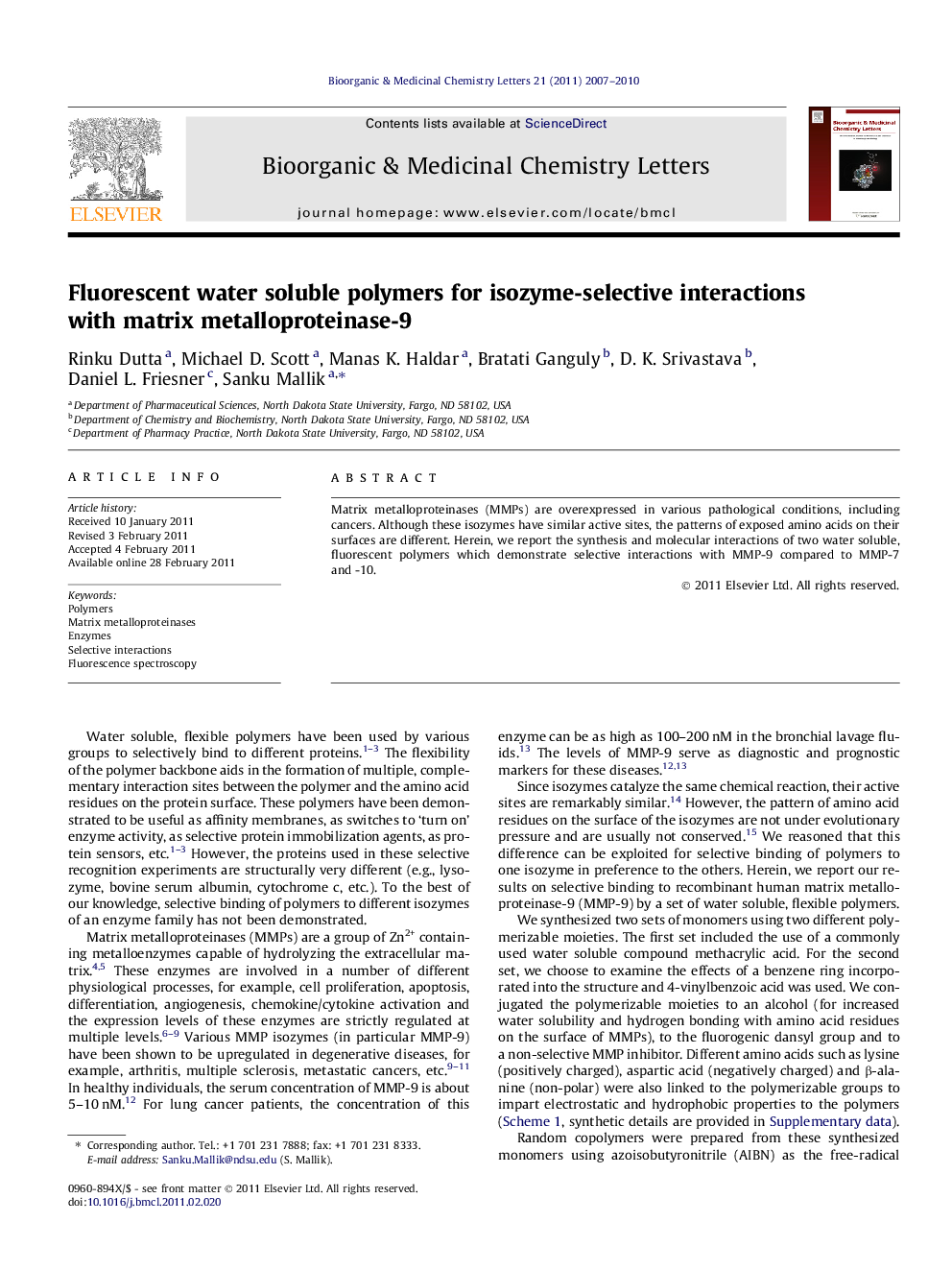 Fluorescent water soluble polymers for isozyme-selective interactions with matrix metalloproteinase-9