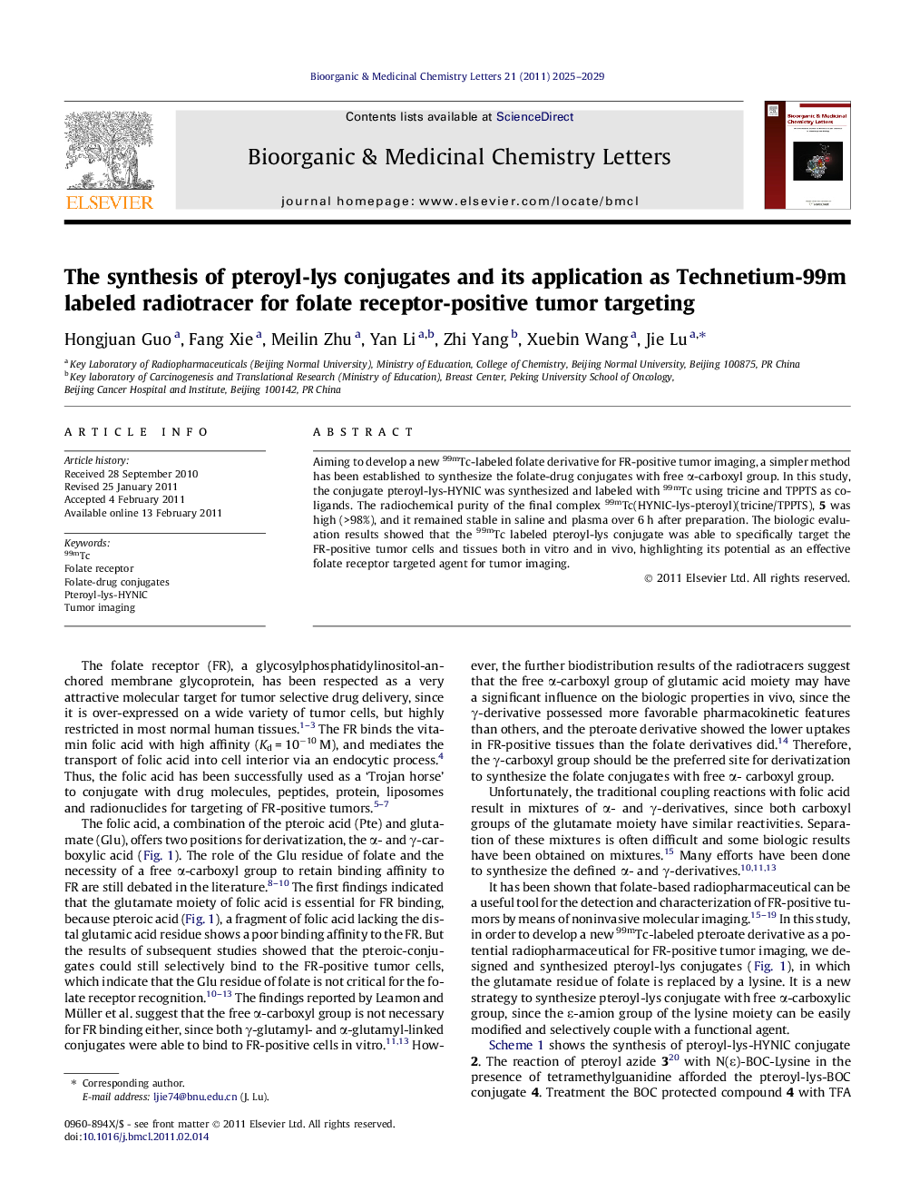 The synthesis of pteroyl-lys conjugates and its application as Technetium-99m labeled radiotracer for folate receptor-positive tumor targeting