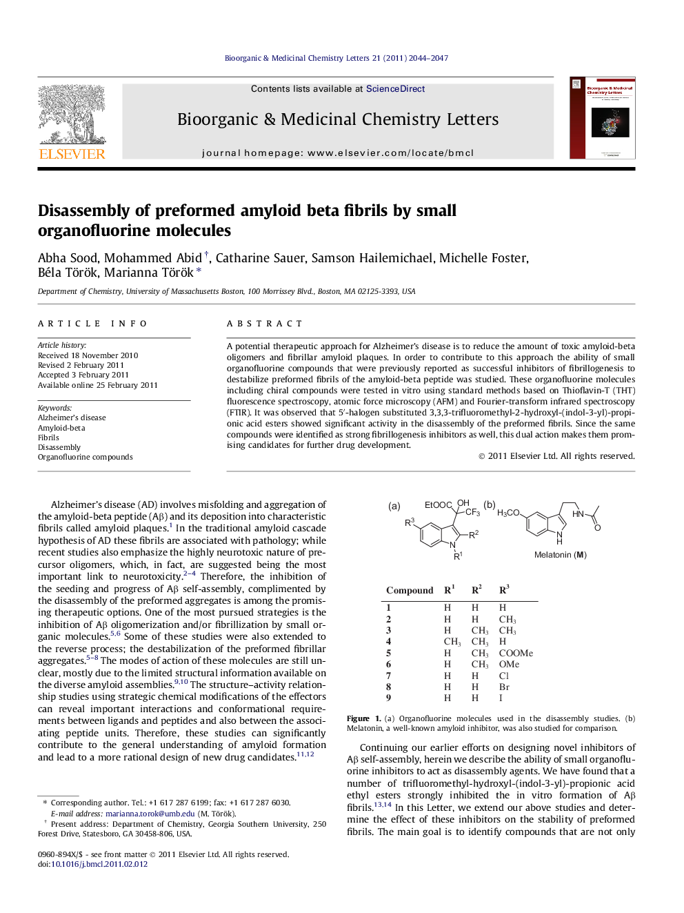 Disassembly of preformed amyloid beta fibrils by small organofluorine molecules