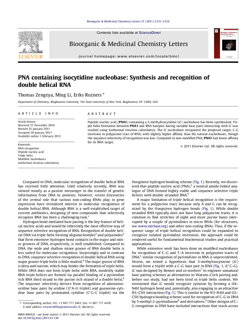 PNA containing isocytidine nucleobase: Synthesis and recognition of double helical RNA