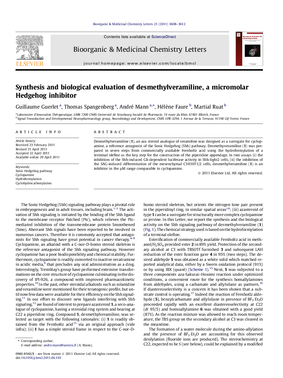 Synthesis and biological evaluation of desmethylveramiline, a micromolar Hedgehog inhibitor