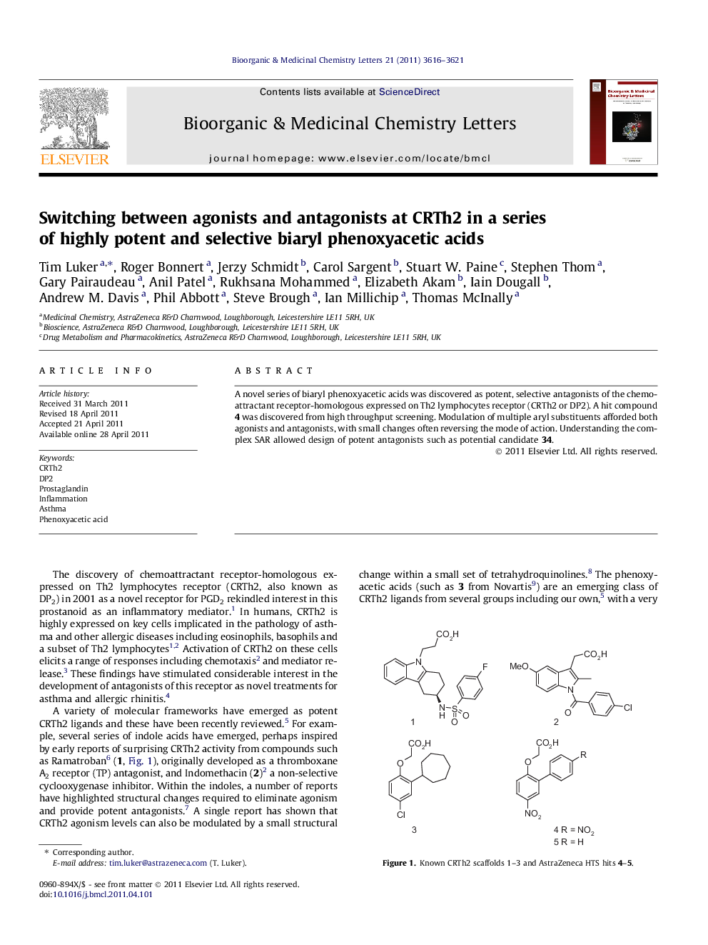 Switching between agonists and antagonists at CRTh2 in a series of highly potent and selective biaryl phenoxyacetic acids