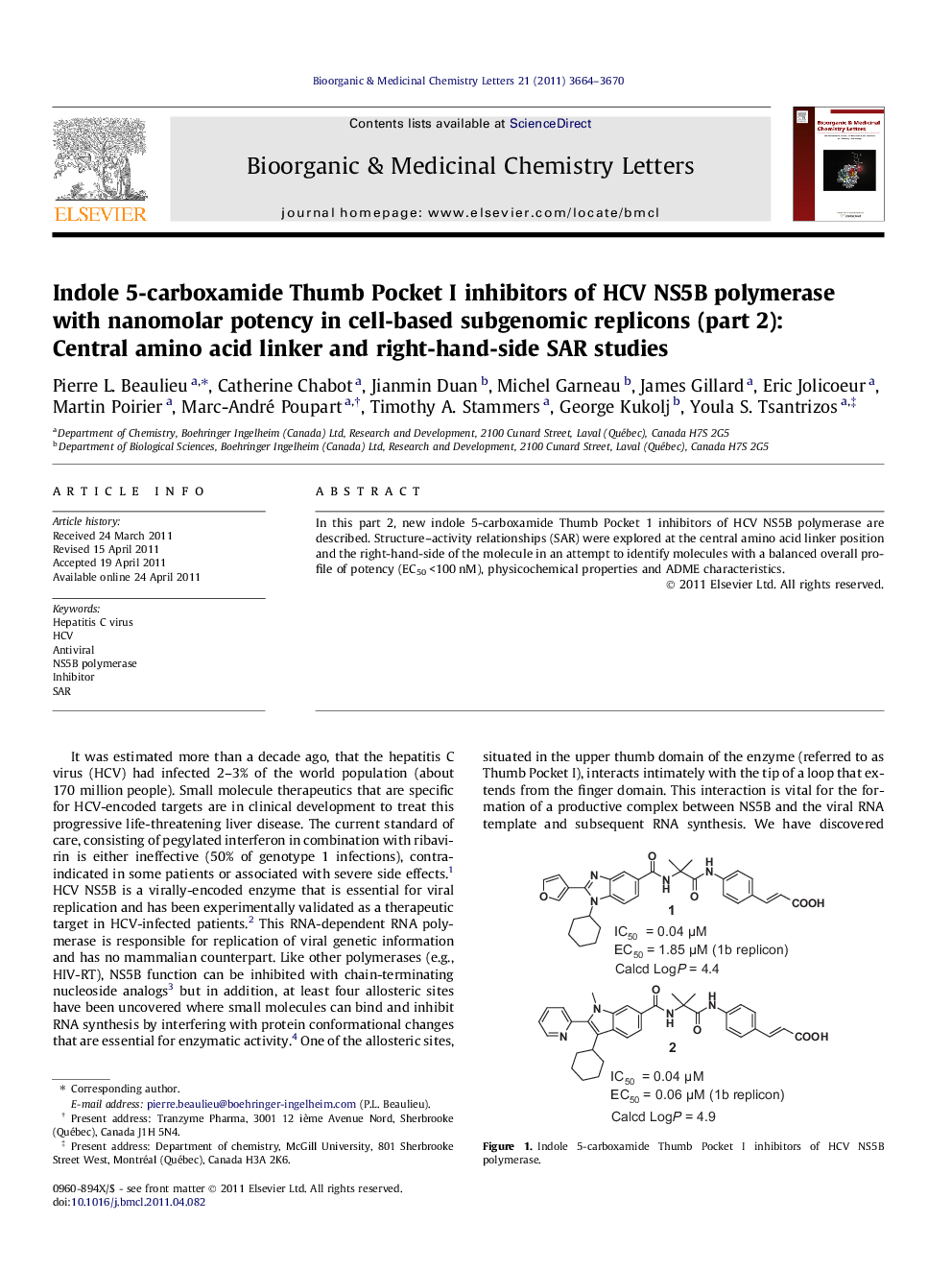 Indole 5-carboxamide Thumb Pocket I inhibitors of HCV NS5B polymerase with nanomolar potency in cell-based subgenomic replicons (part 2): Central amino acid linker and right-hand-side SAR studies