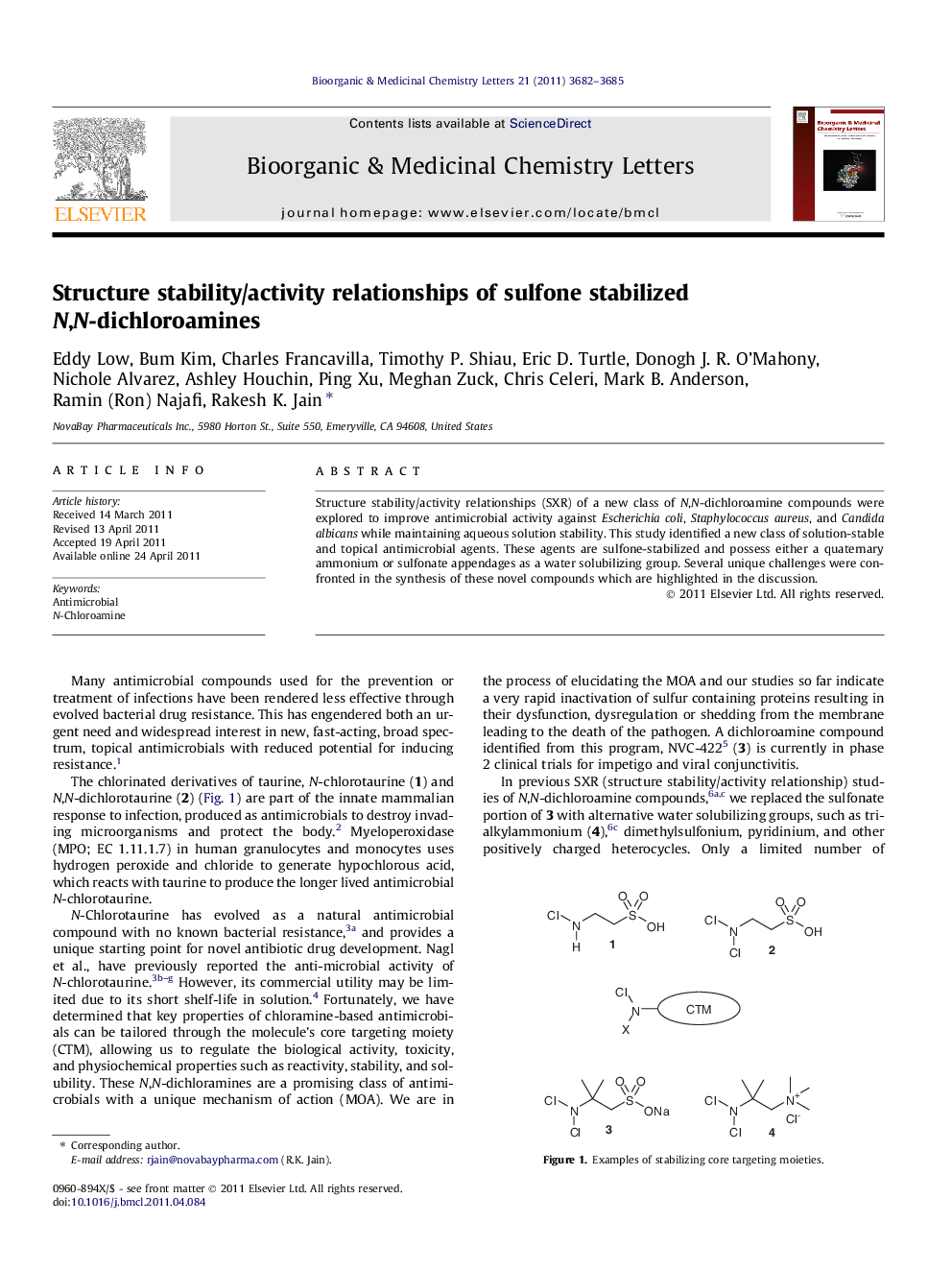 Structure stability/activity relationships of sulfone stabilized N,N-dichloroamines