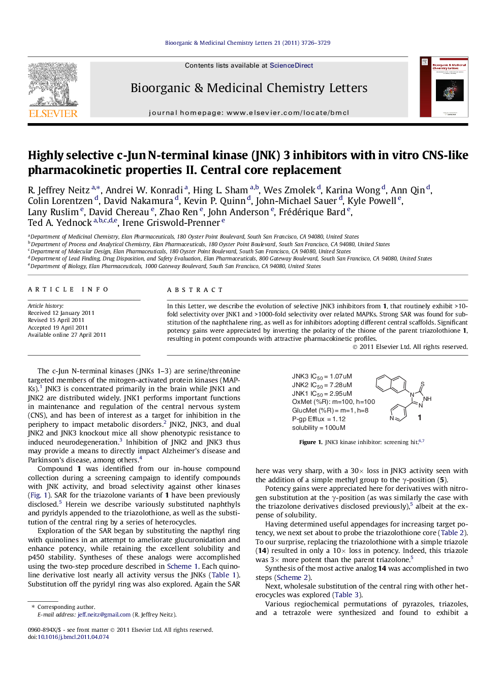 عکس صفحه اول مقاله: Highly selective c-Jun N-terminal kinase (JNK) 3 inhibitors with in vitro CNS-like pharmacokinetic properties II. Central core replacement Highly selective c-Jun N-terminal kinase (JNK) 3 inhibitors with in vitro CNS-like pharmacokinetic properties II. Central core replacement