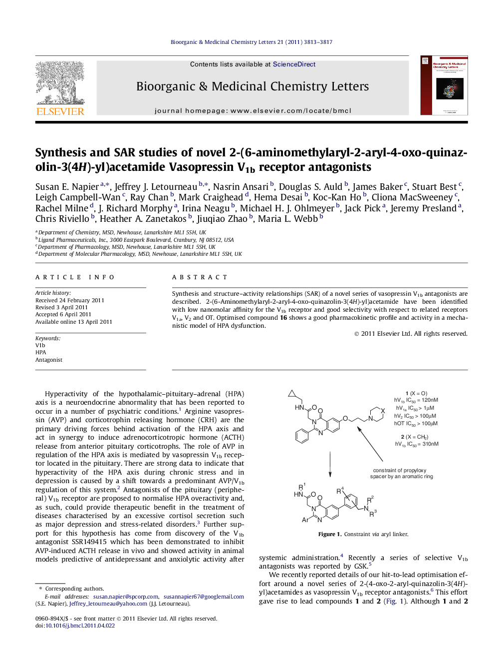 Synthesis and SAR studies of novel 2-(6-aminomethylaryl-2-aryl-4-oxo-quinazolin-3(4H)-yl)acetamide Vasopressin V1b receptor antagonists