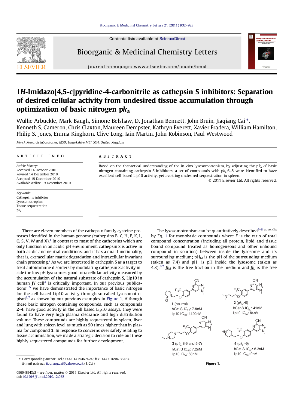 1H-Imidazo[4,5-c]pyridine-4-carbonitrile as cathepsin S inhibitors: Separation of desired cellular activity from undesired tissue accumulation through optimization of basic nitrogen pka