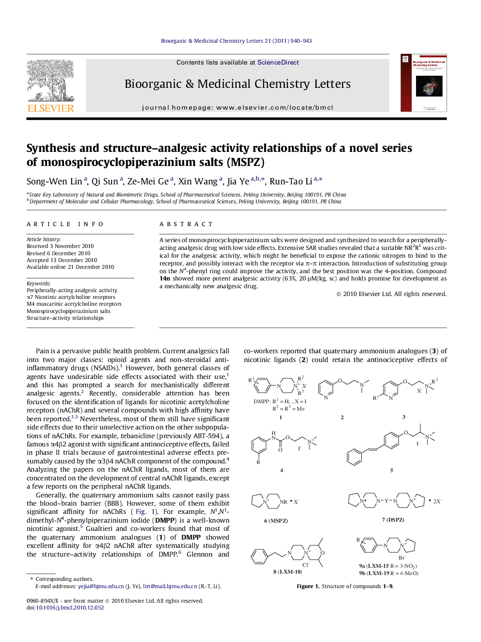 Synthesis and structure–analgesic activity relationships of a novel series of monospirocyclopiperazinium salts (MSPZ)