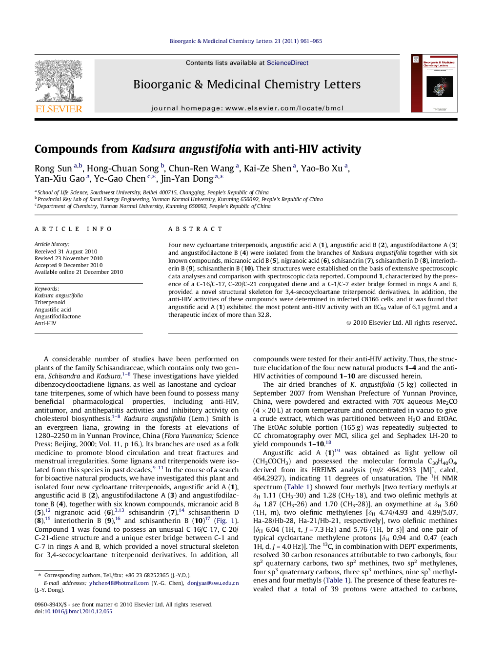 Compounds from Kadsura angustifolia with anti-HIV activity