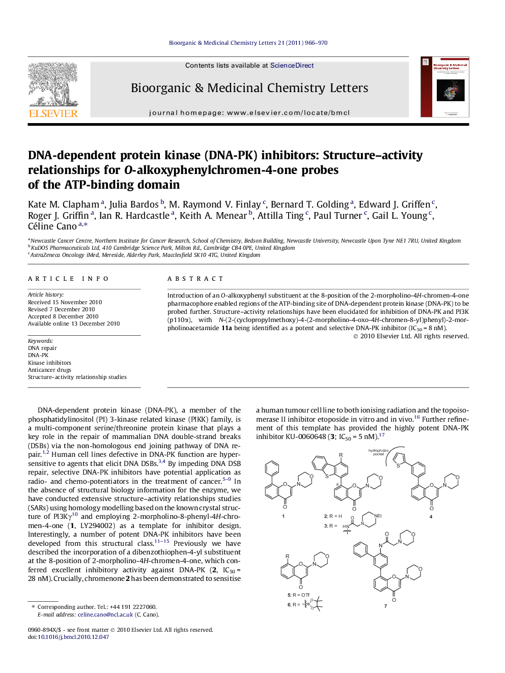 DNA-dependent protein kinase (DNA-PK) inhibitors: Structure–activity relationships for O-alkoxyphenylchromen-4-one probes of the ATP-binding domain