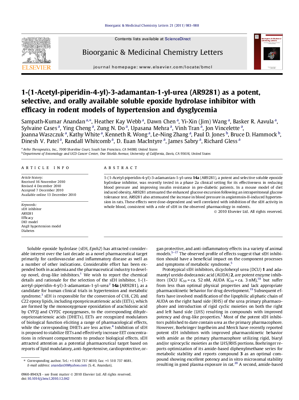 1-(1-Acetyl-piperidin-4-yl)-3-adamantan-1-yl-urea (AR9281) as a potent, selective, and orally available soluble epoxide hydrolase inhibitor with efficacy in rodent models of hypertension and dysglycemia