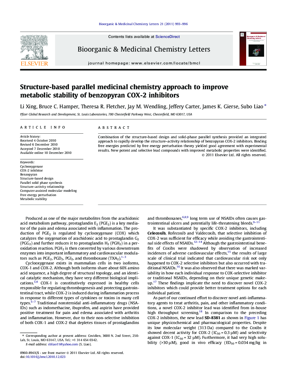 Structure-based parallel medicinal chemistry approach to improve metabolic stability of benzopyran COX-2 inhibitors