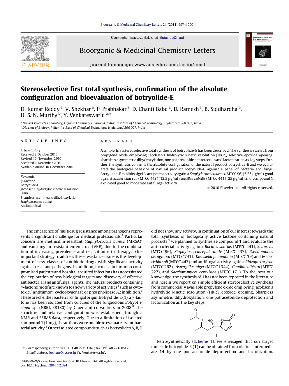 Stereoselective first total synthesis, confirmation of the absolute configuration and bioevaluation of botryolide-E