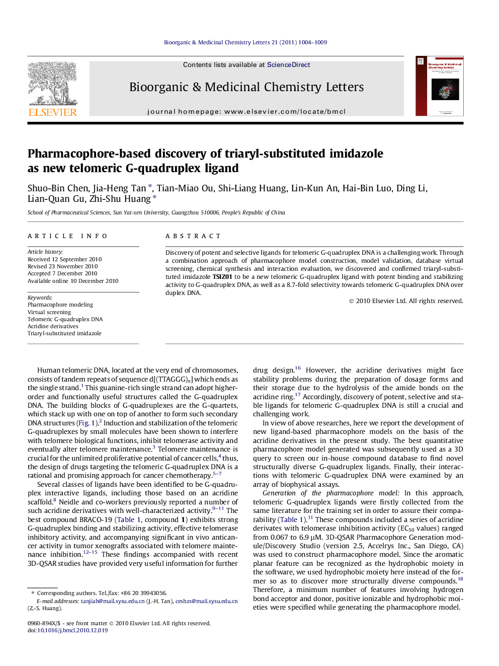 Pharmacophore-based discovery of triaryl-substituted imidazole as new telomeric G-quadruplex ligand