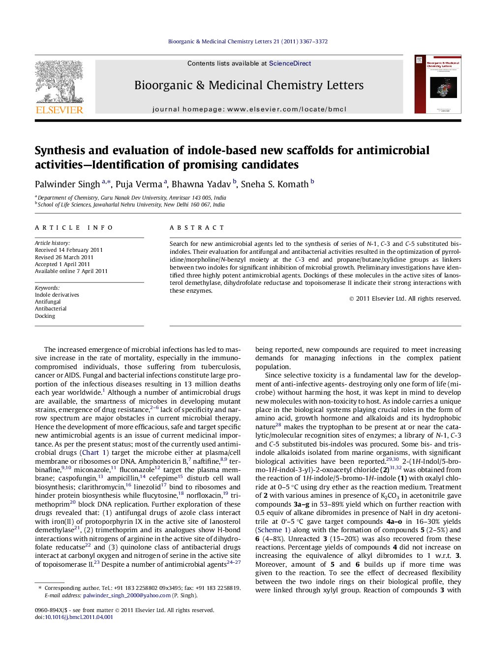 Synthesis and evaluation of indole-based new scaffolds for antimicrobial activities—Identification of promising candidates