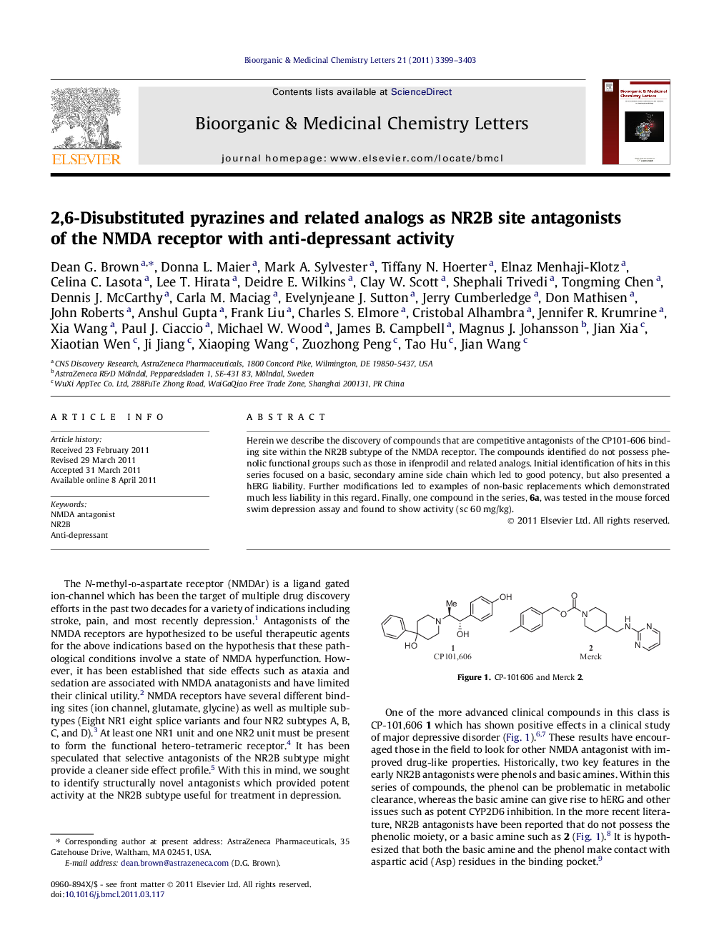 2,6-Disubstituted pyrazines and related analogs as NR2B site antagonists of the NMDA receptor with anti-depressant activity