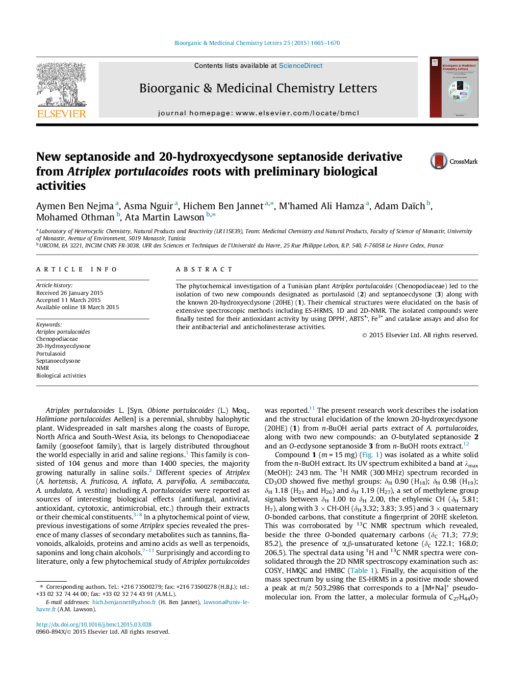 New septanoside and 20-hydroxyecdysone septanoside derivative from Atriplex portulacoides roots with preliminary biological activities