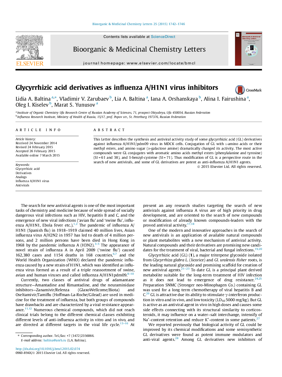 Glycyrrhizic acid derivatives as influenza A/H1N1 virus inhibitors