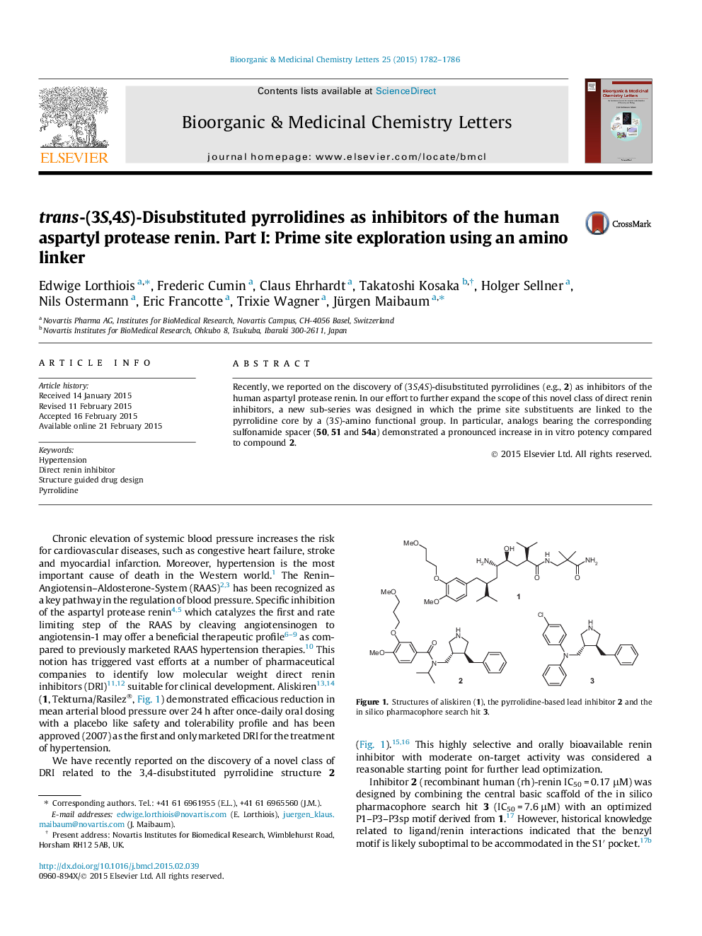 trans-(3S,4S)-Disubstituted pyrrolidines as inhibitors of the human aspartyl protease renin. Part I: Prime site exploration using an amino linker