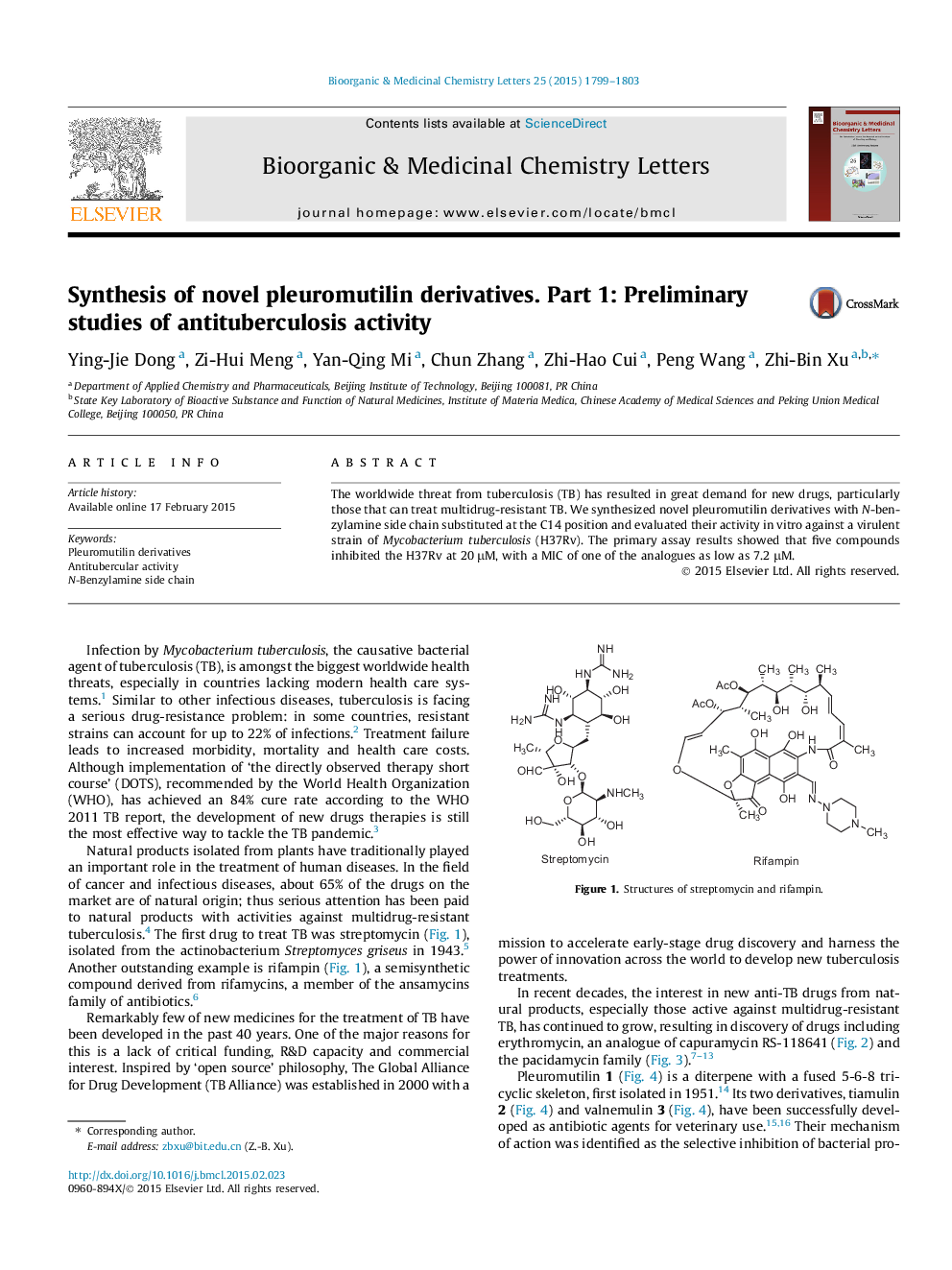 Synthesis of novel pleuromutilin derivatives. Part 1: Preliminary studies of antituberculosis activity