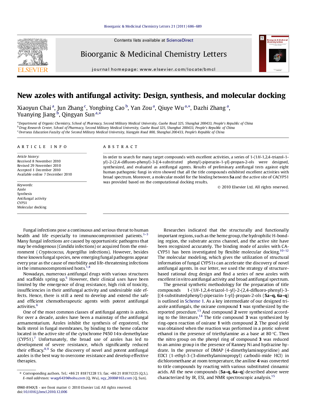 New azoles with antifungal activity: Design, synthesis, and molecular docking