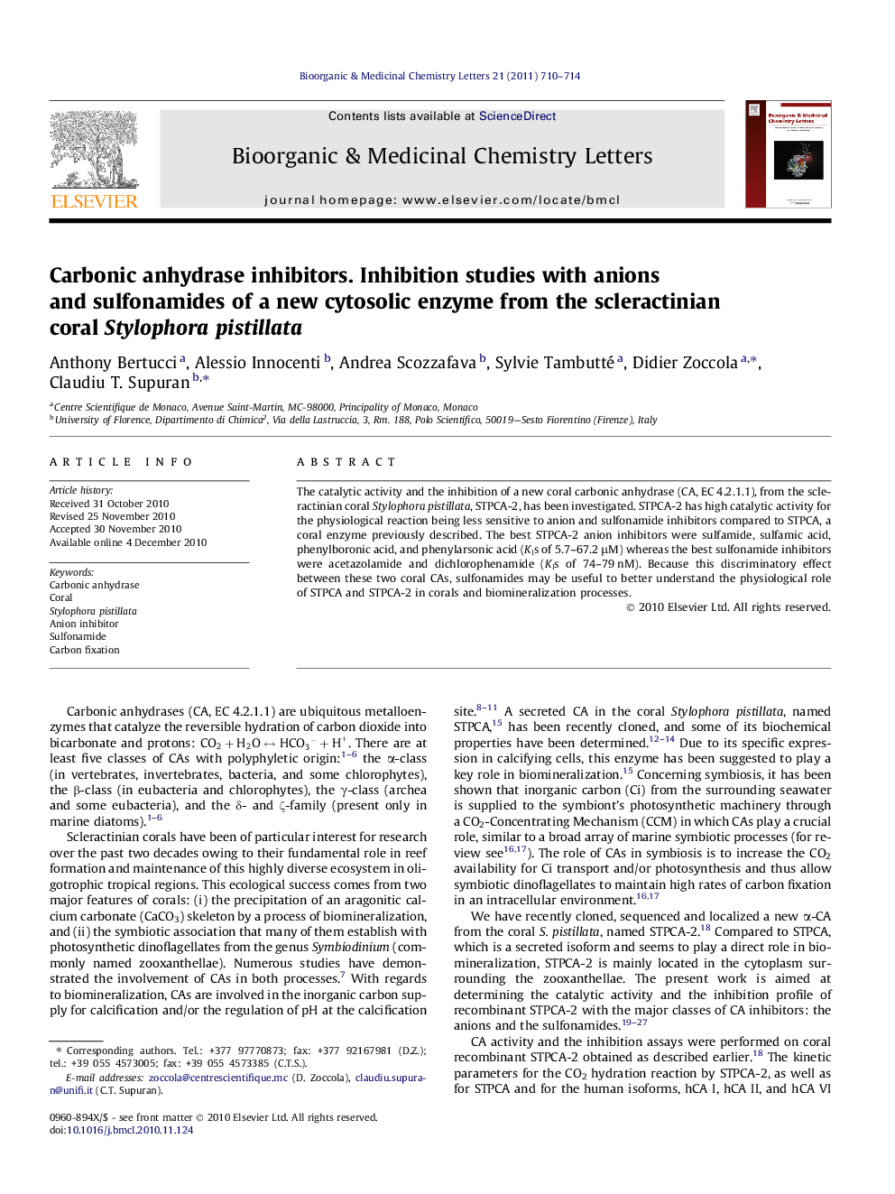 Carbonic anhydrase inhibitors. Inhibition studies with anions and sulfonamides of a new cytosolic enzyme from the scleractinian coral Stylophora pistillata