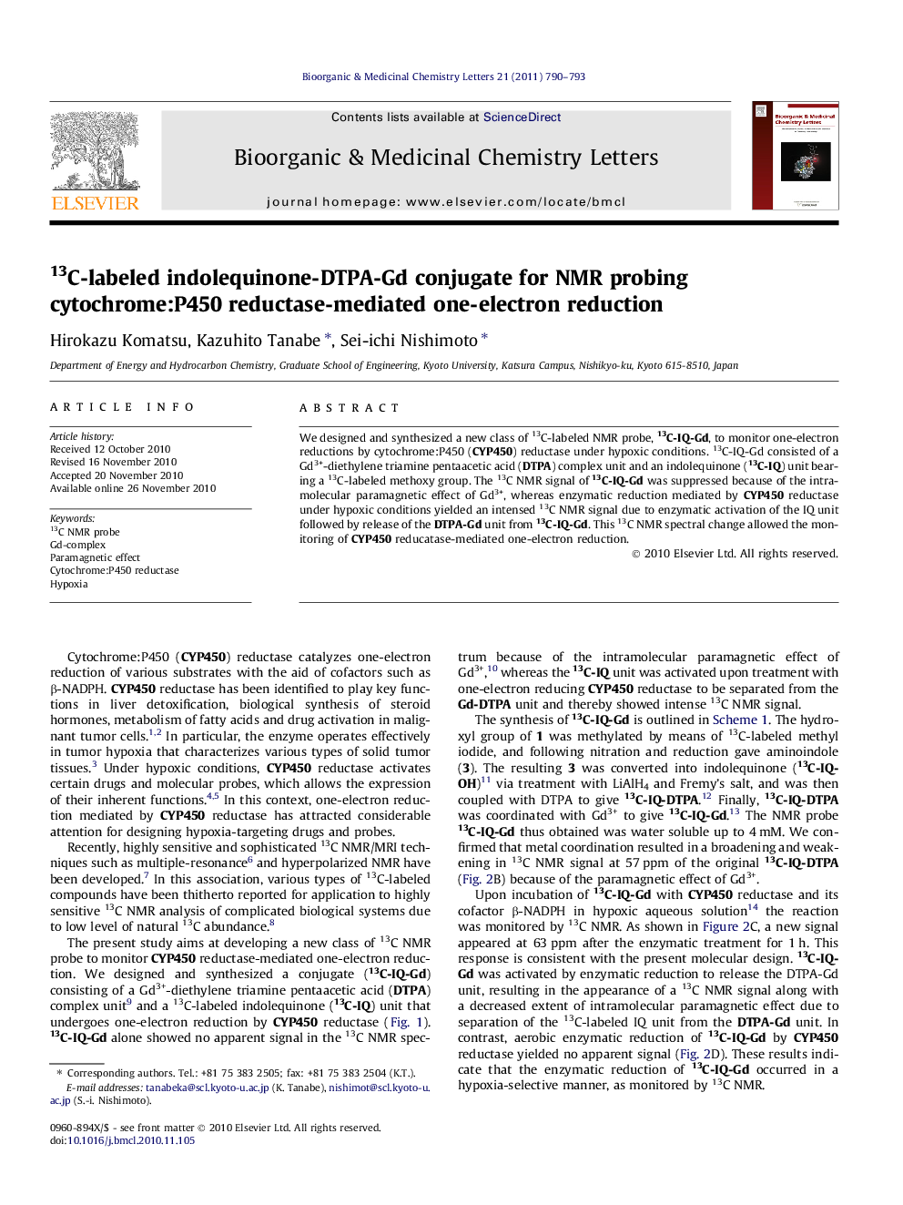 13C-labeled indolequinone-DTPA-Gd conjugate for NMR probing cytochrome:P450 reductase-mediated one-electron reduction