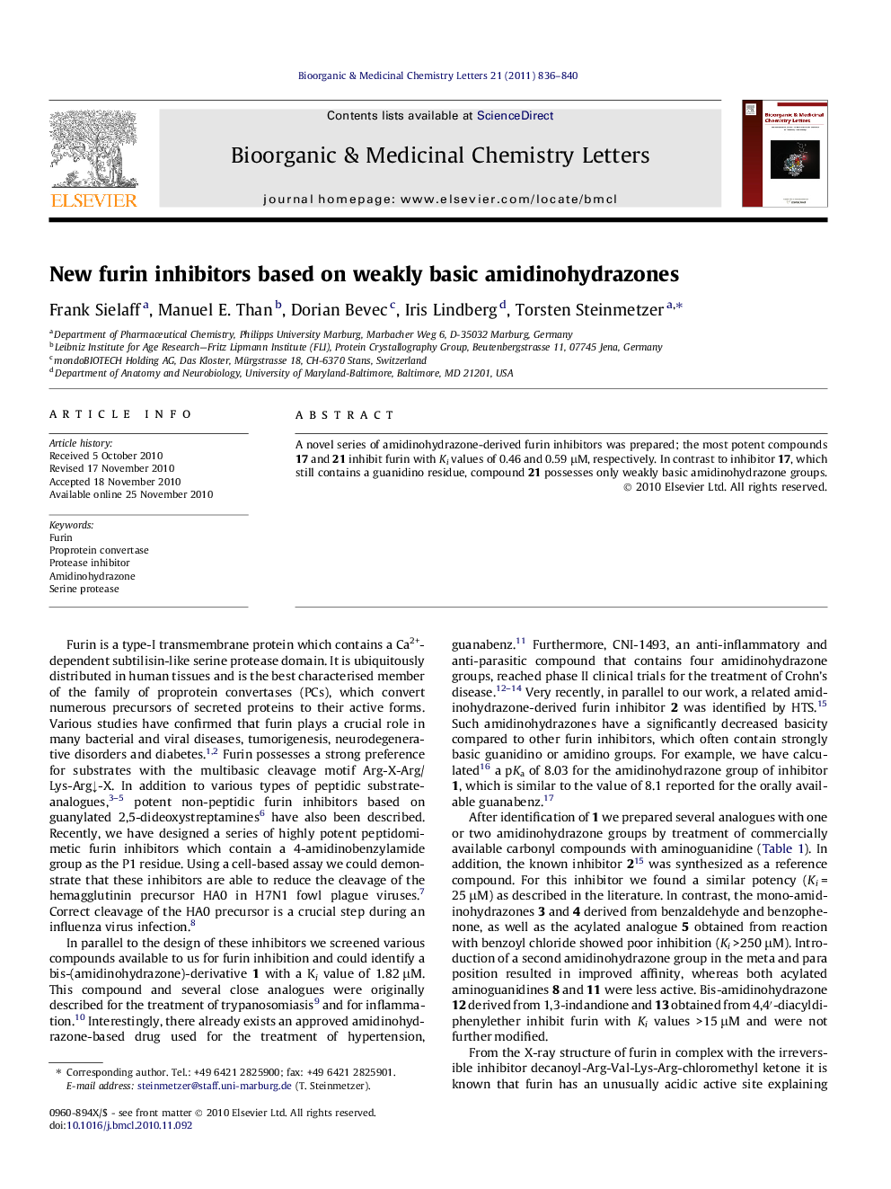 New furin inhibitors based on weakly basic amidinohydrazones