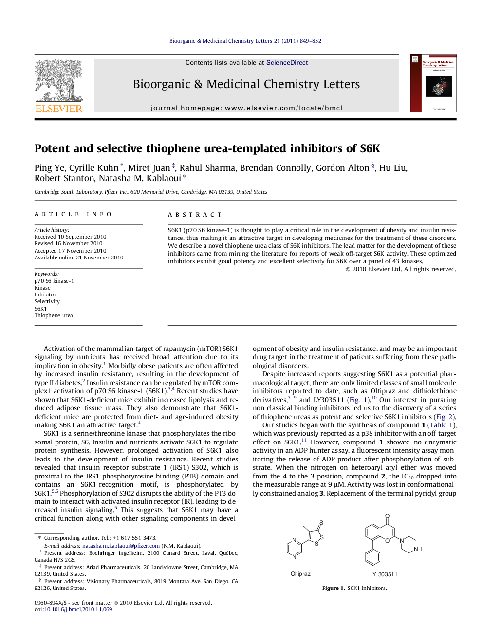 عکس صفحه اول مقاله: Potent and selective thiophene urea-templated inhibitors of S6K Potent and selective thiophene urea-templated inhibitors of S6K