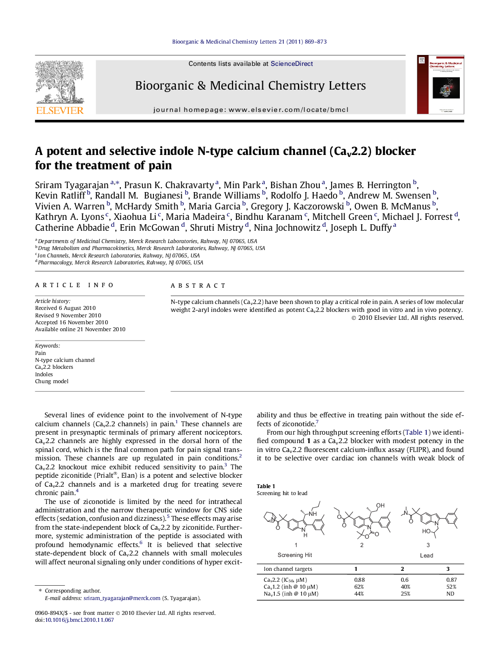 A potent and selective indole N-type calcium channel (Cav2.2) blocker for the treatment of pain