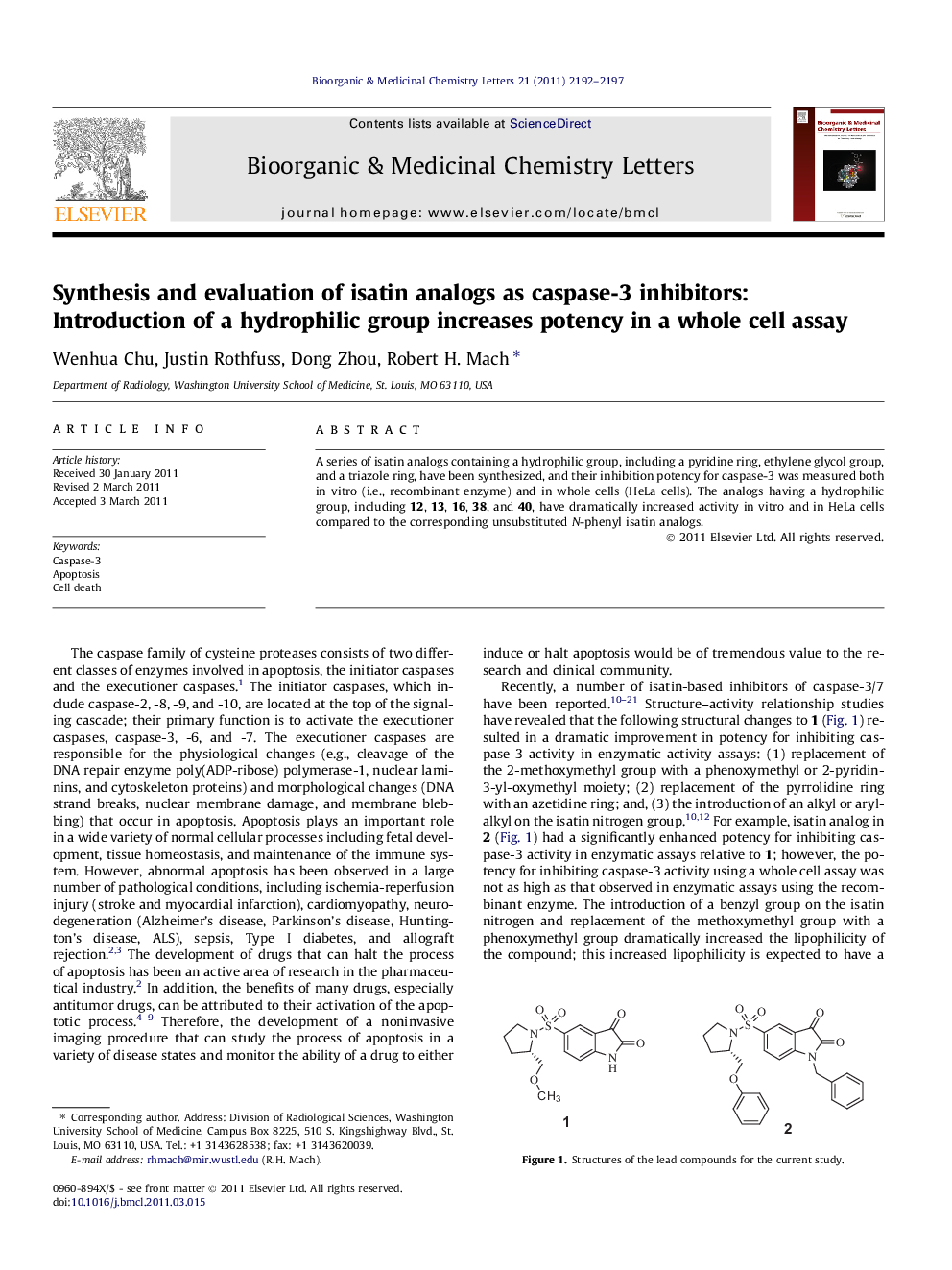 Synthesis and evaluation of isatin analogs as caspase-3 inhibitors: Introduction of a hydrophilic group increases potency in a whole cell assay