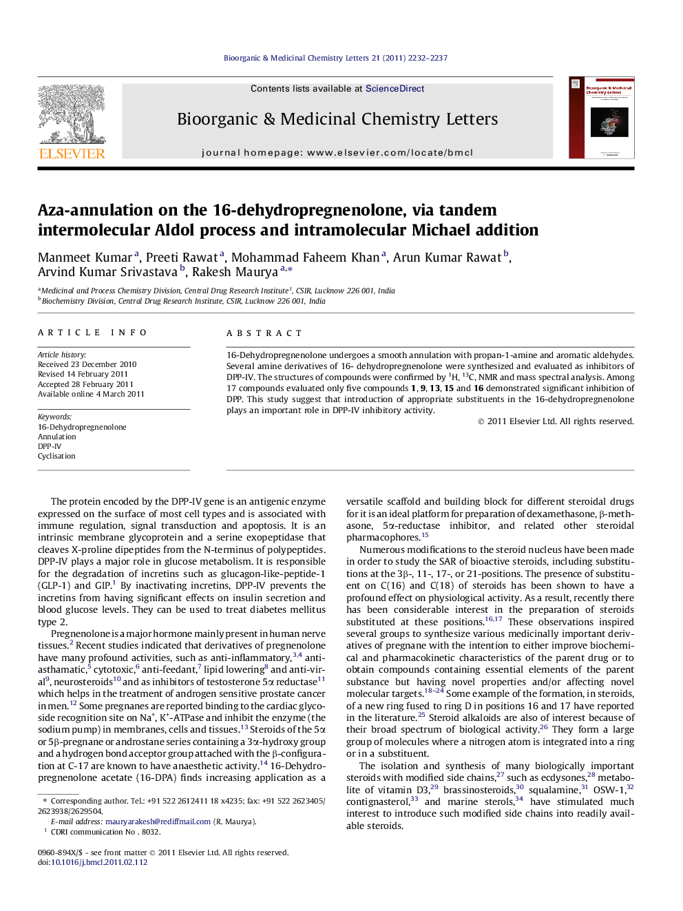 Aza-annulation on the 16-dehydropregnenolone, via tandem intermolecular Aldol process and intramolecular Michael addition