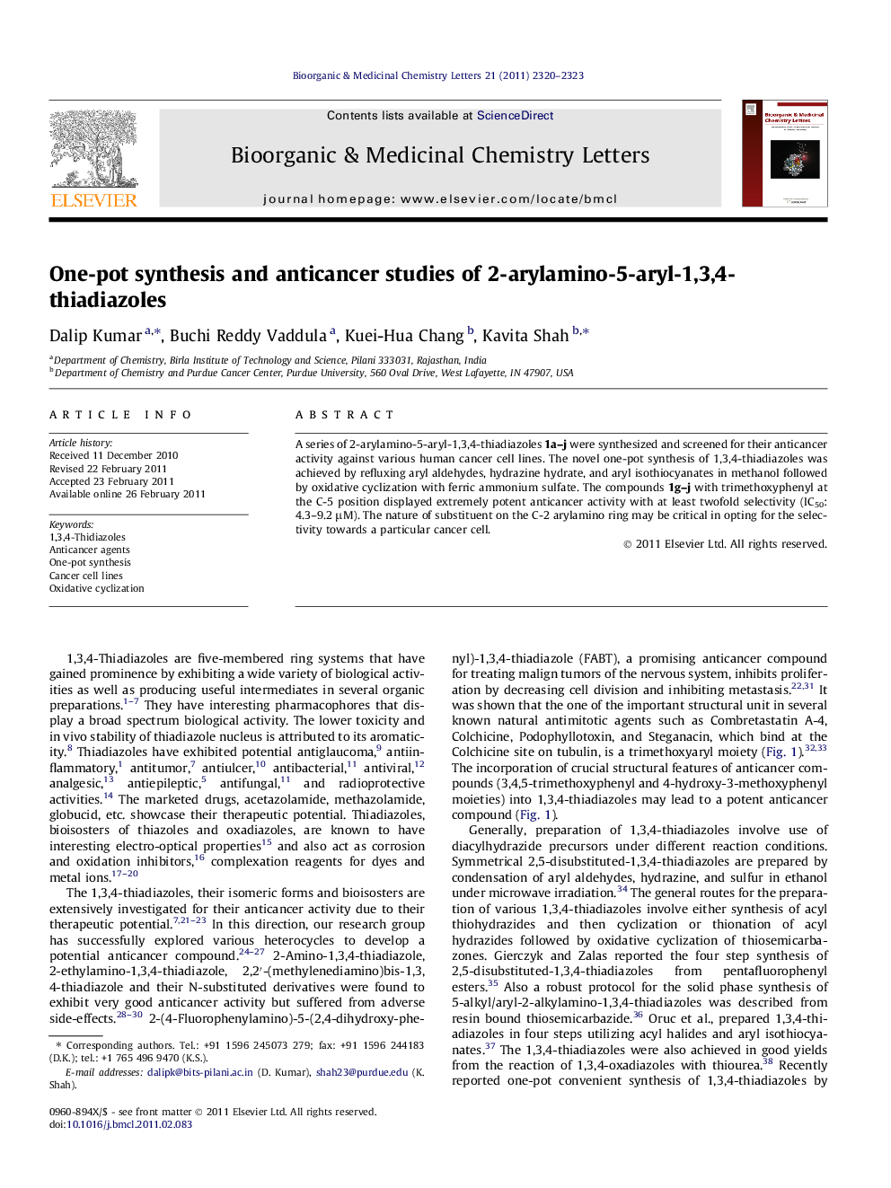 One-pot synthesis and anticancer studies of 2-arylamino-5-aryl-1,3,4-thiadiazoles