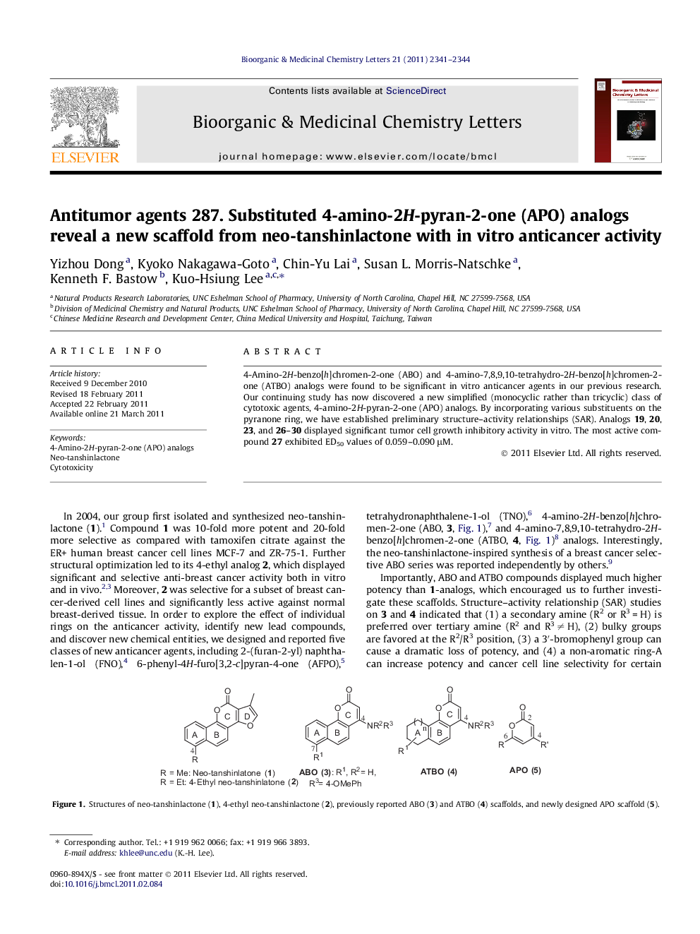 عکس صفحه اول مقاله: Antitumor agents 287. Substituted 4-amino-2H-pyran-2-one (APO) analogs reveal a new scaffold from neo-tanshinlactone with in vitro anticancer activity Antitumor agents 287. Substituted 4-amino-2H-pyran-2-one (APO) analogs reveal a new scaffold from neo-tanshinlactone with in vitro anticancer activity