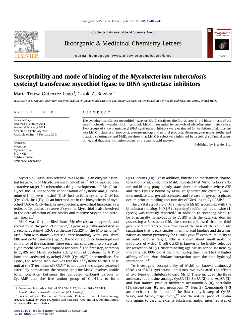 Susceptibility and mode of binding of the Mycobacterium tuberculosis cysteinyl transferase mycothiol ligase to tRNA synthetase inhibitors