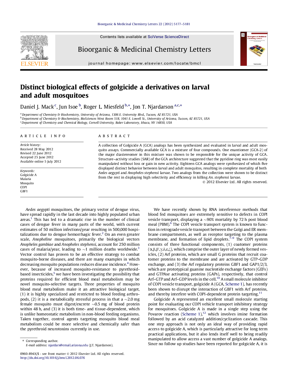 Distinct biological effects of golgicide a derivatives on larval and adult mosquitoes