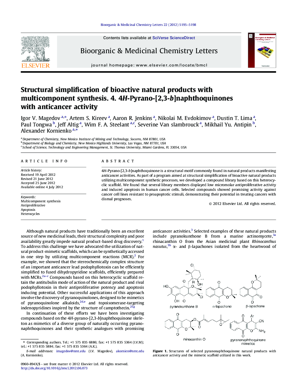 Structural simplification of bioactive natural products with multicomponent synthesis. 4. 4H-Pyrano-[2,3-b]naphthoquinones with anticancer activity