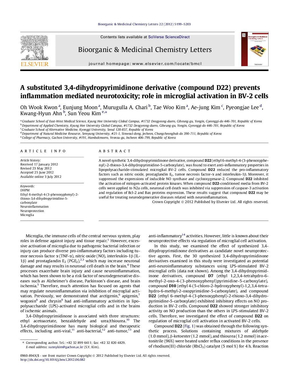 A substituted 3,4-dihydropyrimidinone derivative (compound D22) prevents inflammation mediated neurotoxicity; role in microglial activation in BV-2 cells