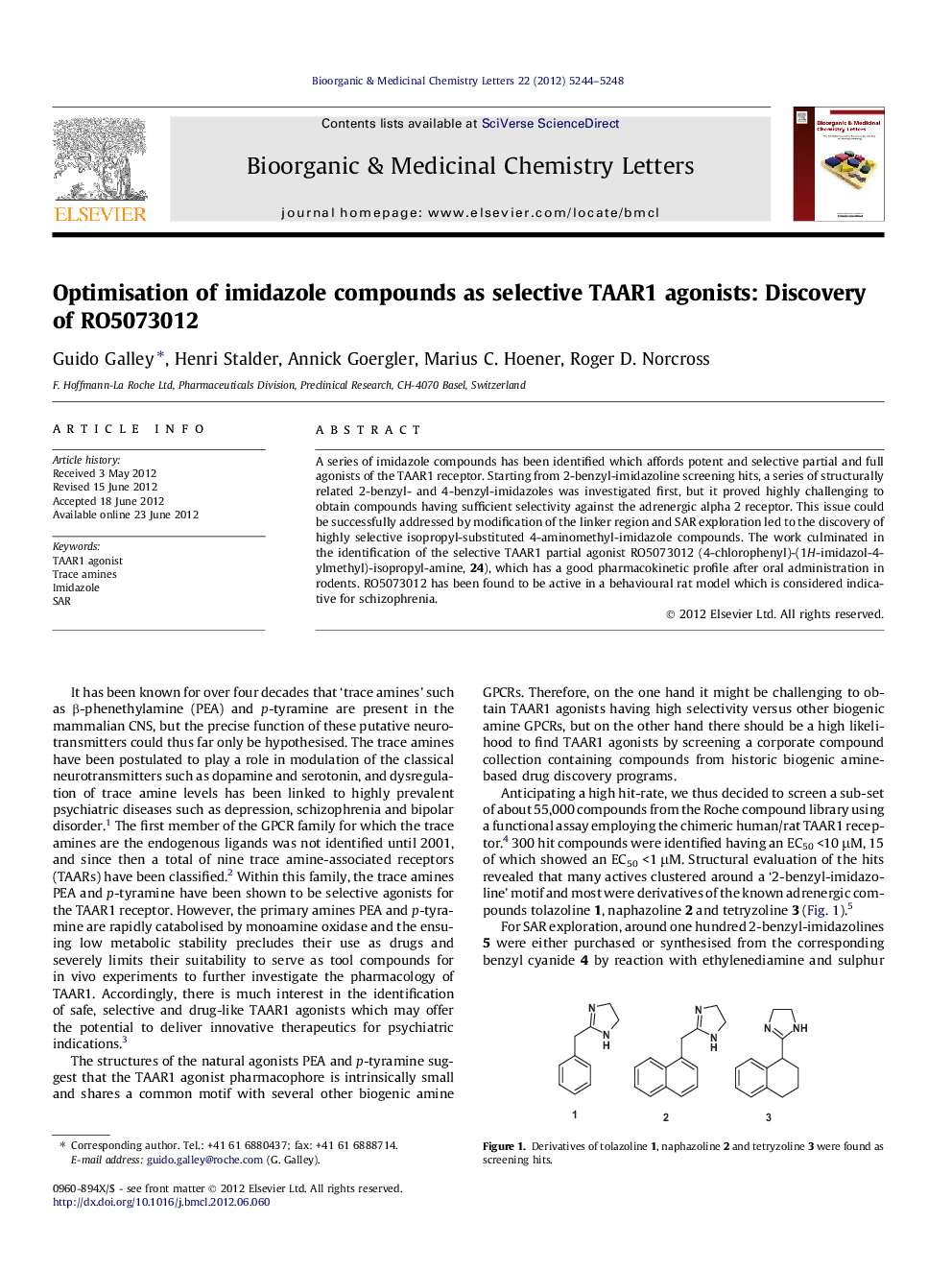 Optimisation of imidazole compounds as selective TAAR1 agonists: Discovery of RO5073012