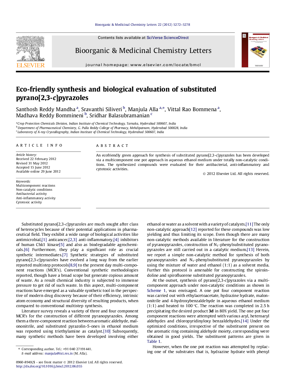 Eco-friendly synthesis and biological evaluation of substituted pyrano[2,3-c]pyrazoles