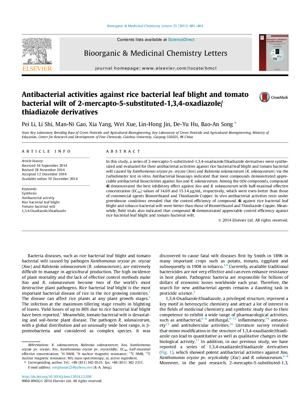 Antibacterial activities against rice bacterial leaf blight and tomato bacterial wilt of 2-mercapto-5-substituted-1,3,4-oxadiazole/thiadiazole derivatives