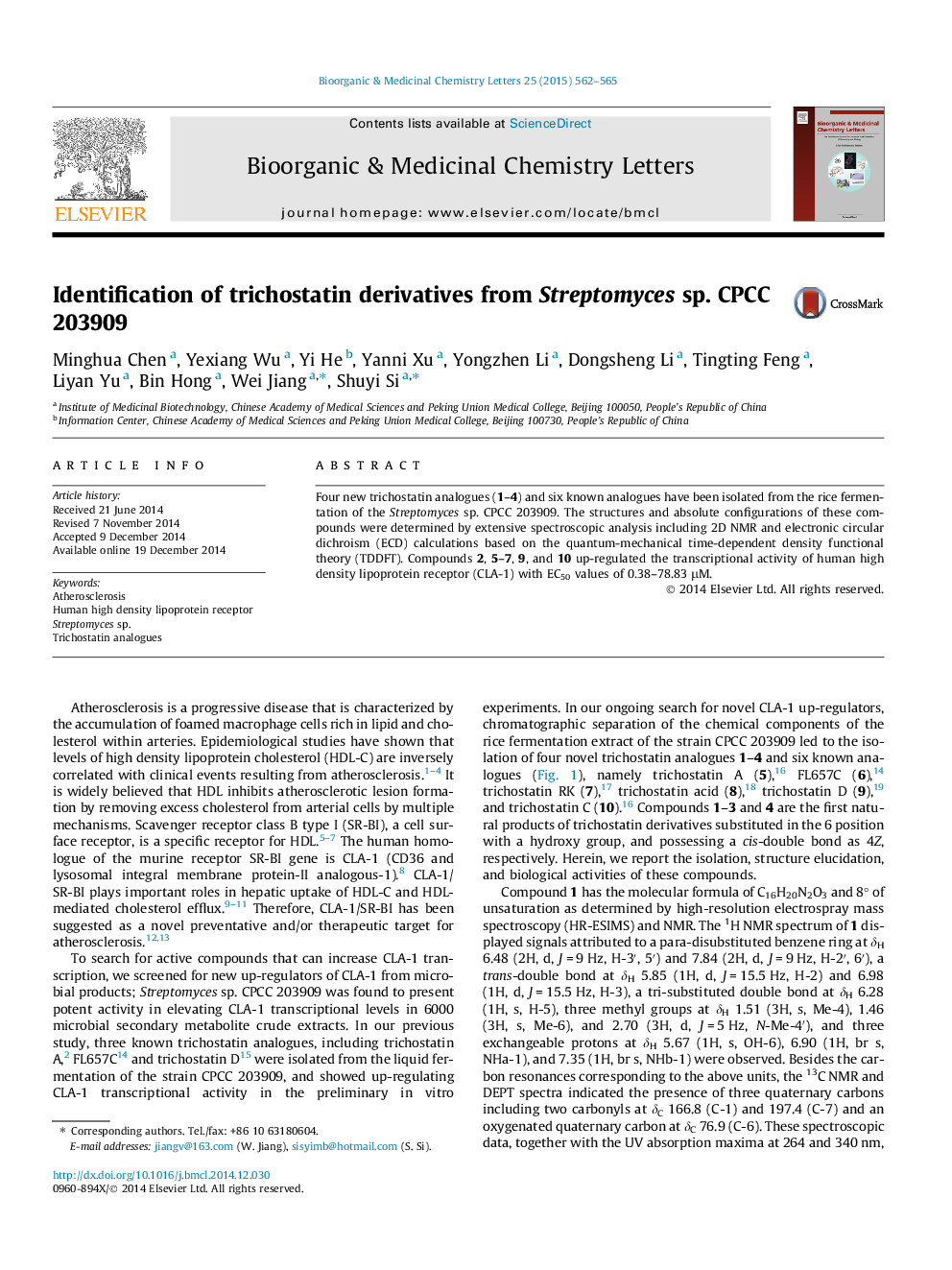 Identification of trichostatin derivatives from Streptomyces sp. CPCC 203909