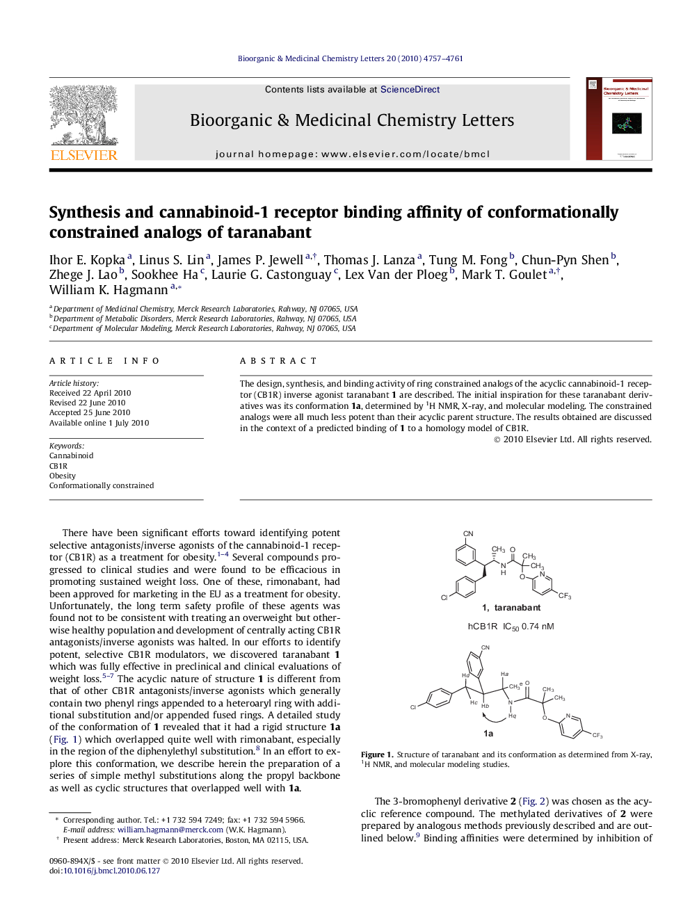 Synthesis and cannabinoid-1 receptor binding affinity of conformationally constrained analogs of taranabant