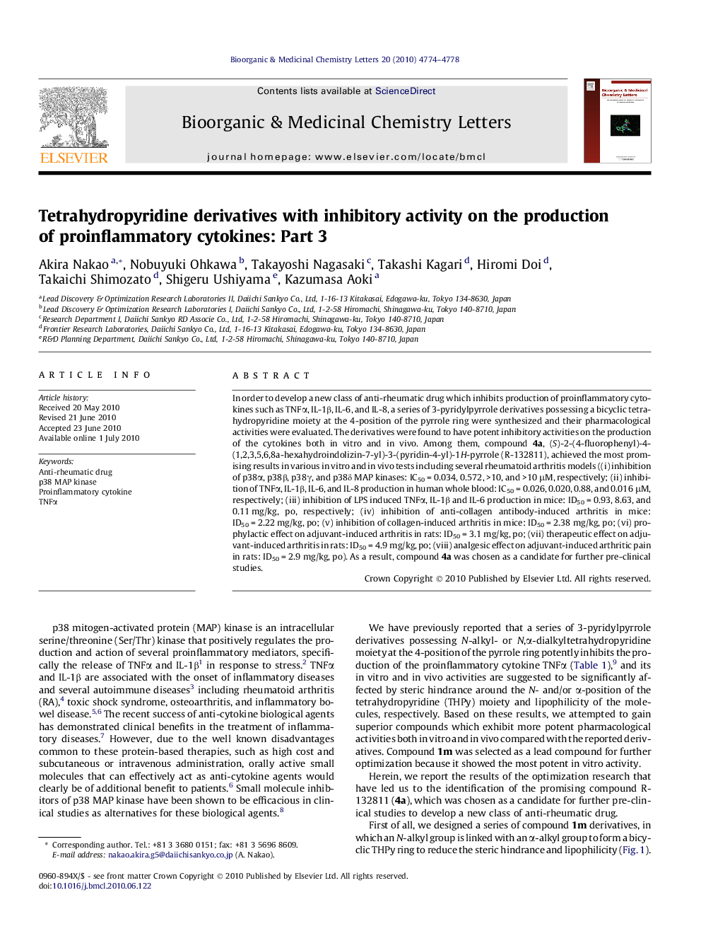 عکس صفحه اول مقاله: Tetrahydropyridine derivatives with inhibitory activity on the production of proinflammatory cytokines: Part 3 Tetrahydropyridine derivatives with inhibitory activity on the production of proinflammatory cytokines: Part 3