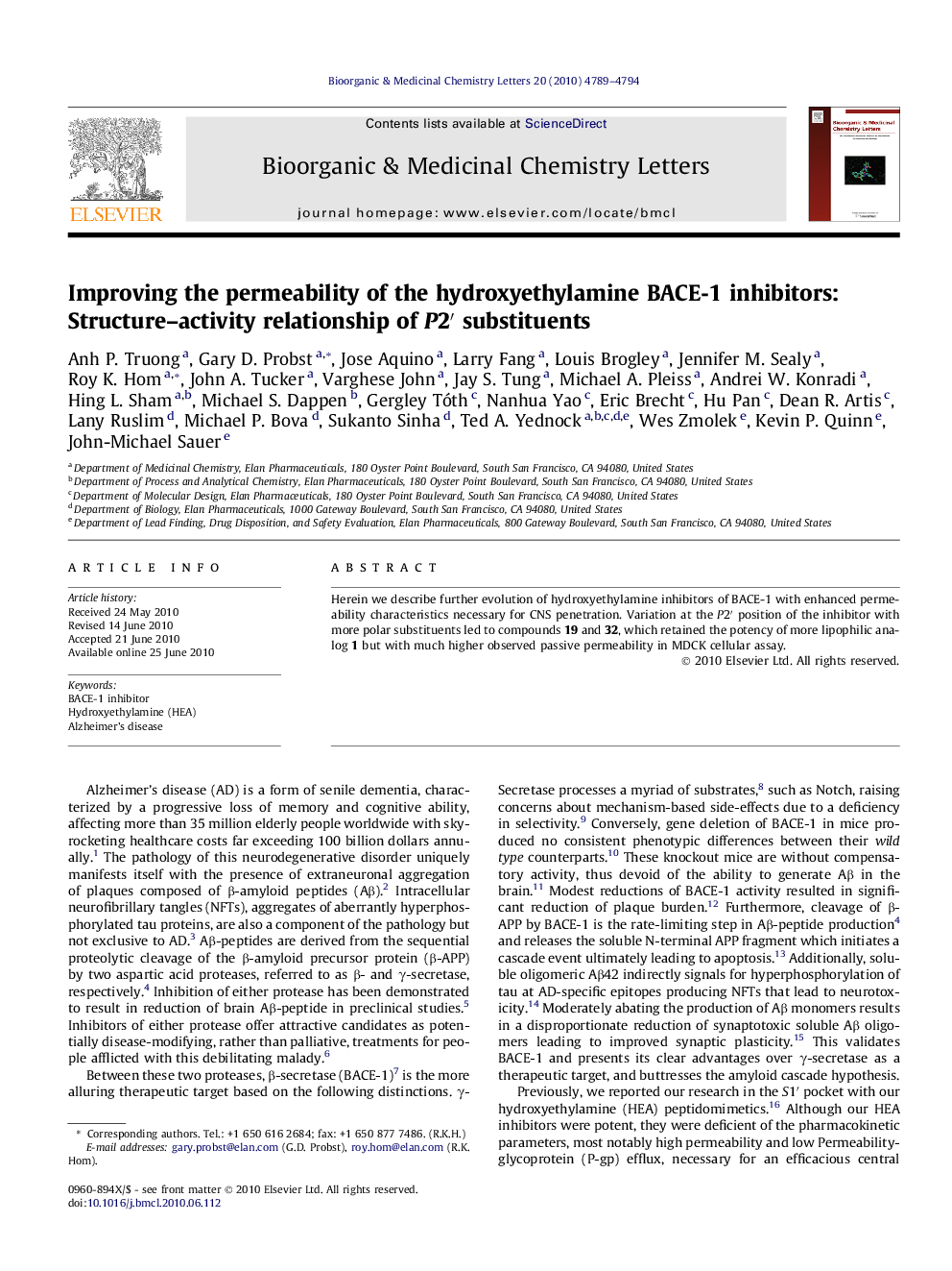 Improving the permeability of the hydroxyethylamine BACE-1 inhibitors: Structure–activity relationship of P2′ substituents