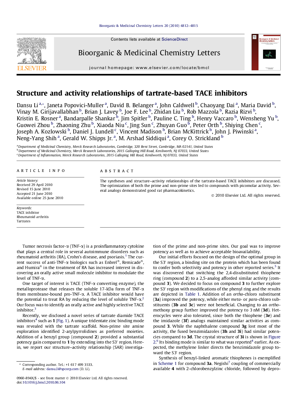 Structure and activity relationships of tartrate-based TACE inhibitors