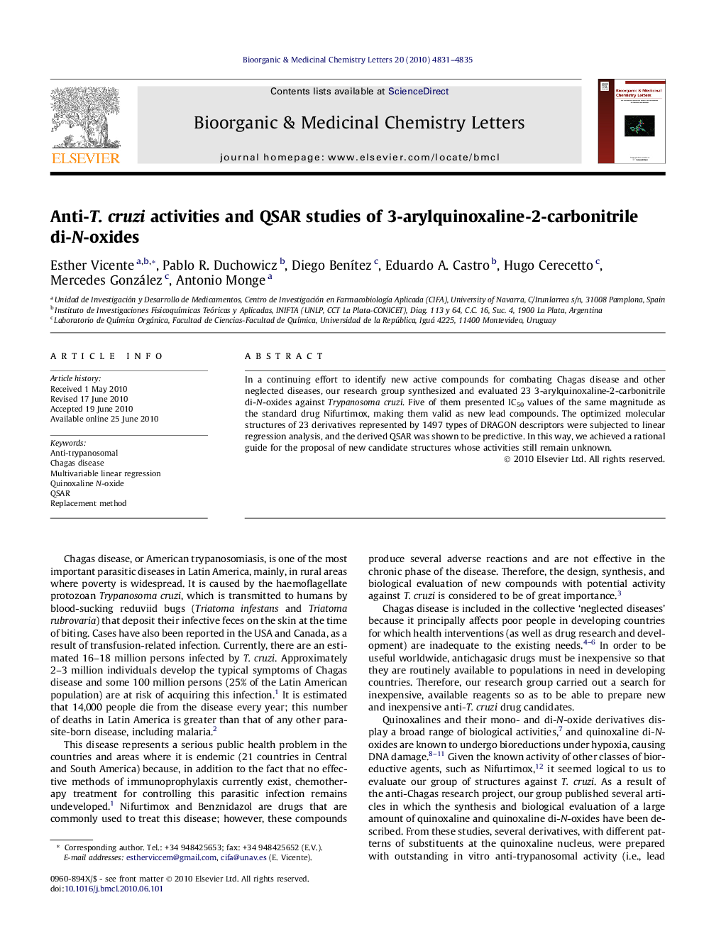 Anti-T. cruzi activities and QSAR studies of 3-arylquinoxaline-2-carbonitrile di-N-oxides