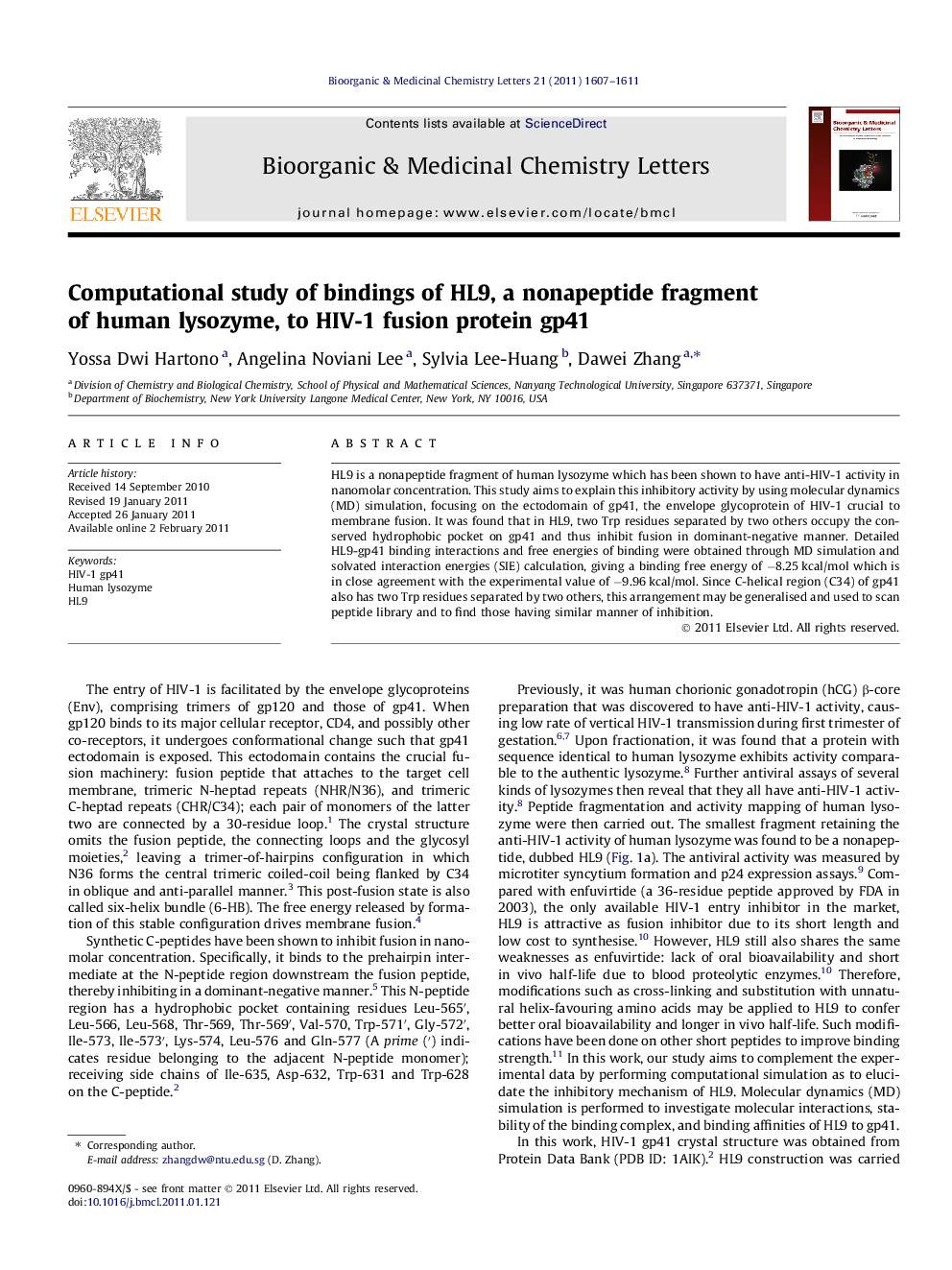 Computational study of bindings of HL9, a nonapeptide fragment of human lysozyme, to HIV-1 fusion protein gp41